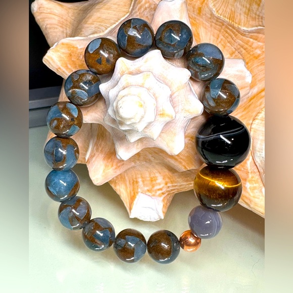 LAKE BLUE CLOISONNÉ JASPER + ONYX + TIGERS NATURAL STONES BRACELET size 7.5” - Picture 1 of 8